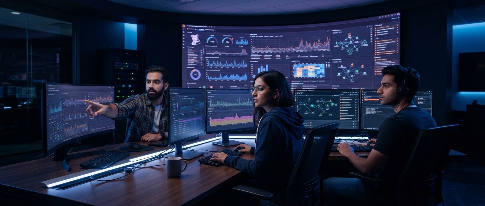 Engineering team monitoring dashboards during full-cycle software development