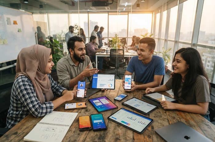 Fountain team members reviewing a mobile app design together around the table